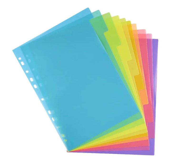 A4 10 Plain Tab Dividers Bright Colours - Polypropylene 